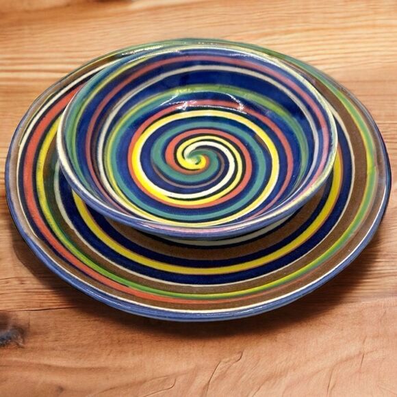 Earthworks Barbados WestIndies Red Clay Pottery Blue Multi Swirl Bowl & Plate - Picture 2 of 16